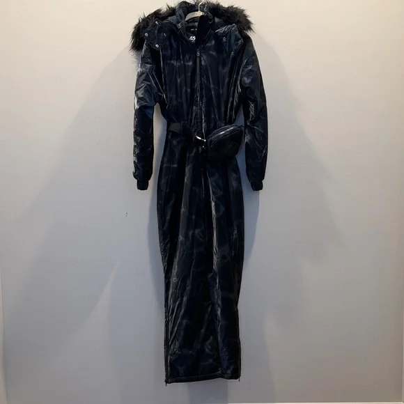 ASOS Navy Belted Ski Suit w/ Faux Fur Hood - Picture 11 of 12
